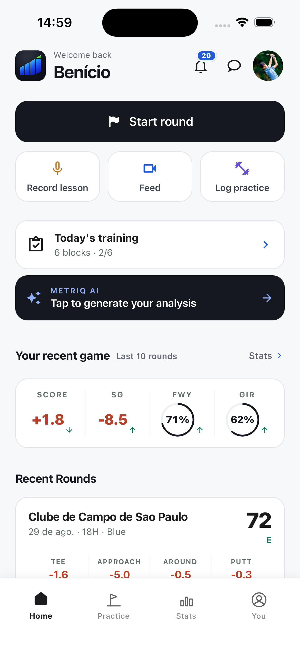 MetriQ app home with a recent round and practice plan